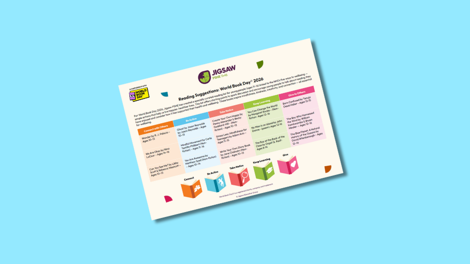 Colourful chart titled "Reading Suggestions: World Book Day 2026" contains book titles and themes for different age groups. The design features distinct sections for various age categories.