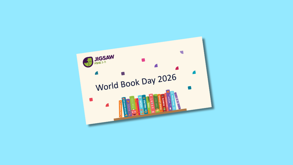 Introduction slide to World Book Day 2026 from Jigsaw PSHE. Featuring an illustration with a bookshelf filled with colourful books against a light background, featuring confetti and the text "World Book Day 2026".