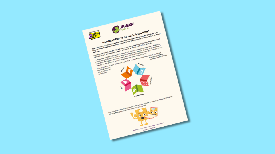 An E4 sheet titled "World Book Day 2025 with Jigsaw PSHE" featuring colourful geometric shapes and a cartoon character holding a book.