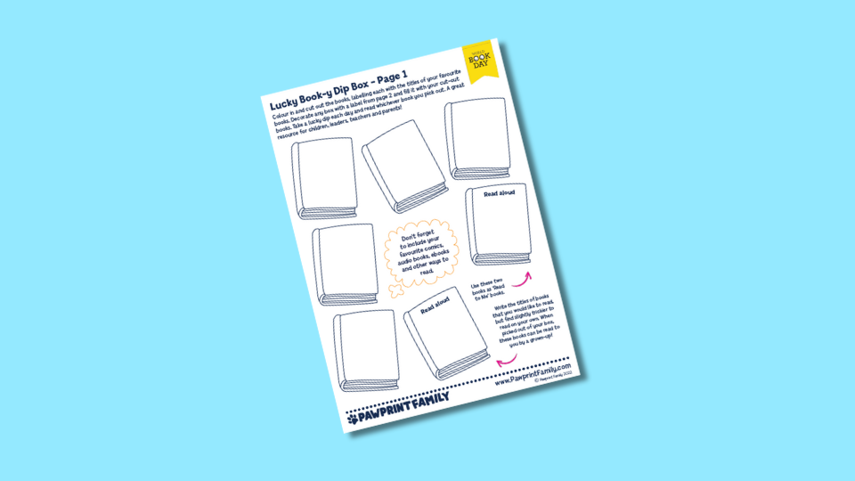 Activity sheet titled "Lucky Books Dip Box" with blank book templates for colouring and personalizing. Instructions and design ideas are included, set against a light blue background.