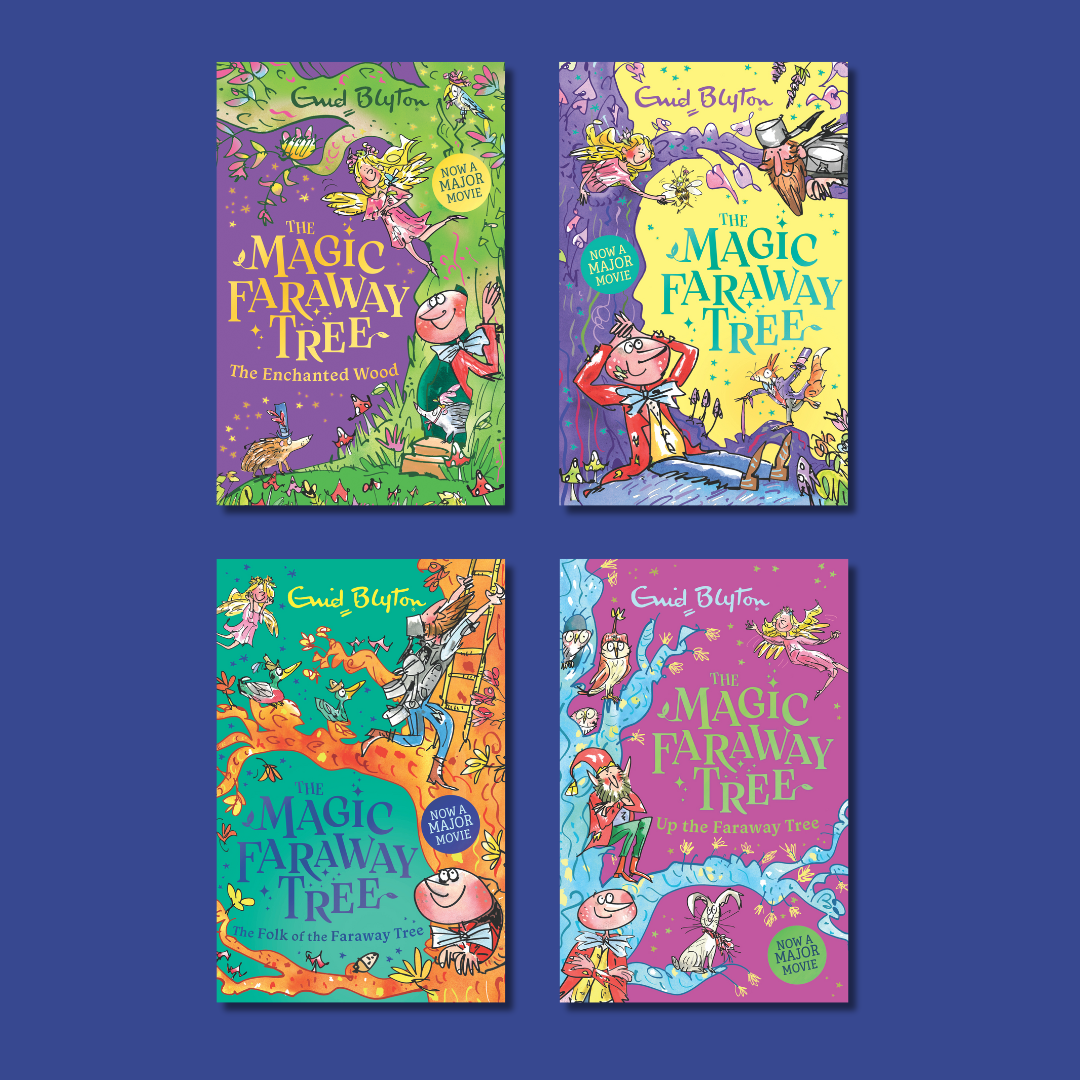 Four colourful book covers from the series "The Magic Faraway Tree" by Enid Blyton, each depicting whimsical characters and vibrant fantasy scenes.