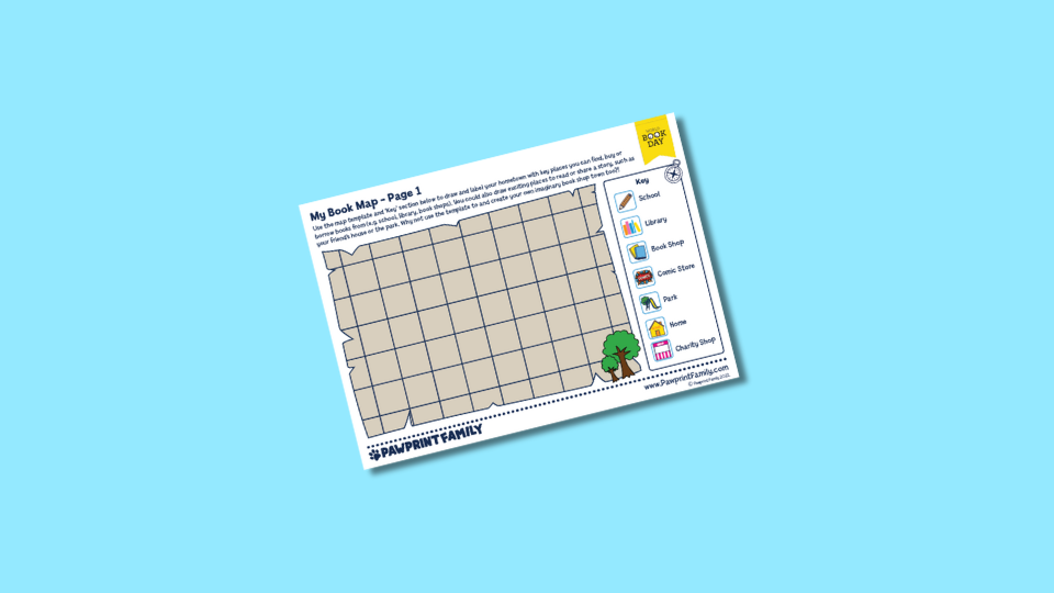 A printable book map with a grid layout featuring icons for school, library, book shop, comic store, park, home, and charity shop.