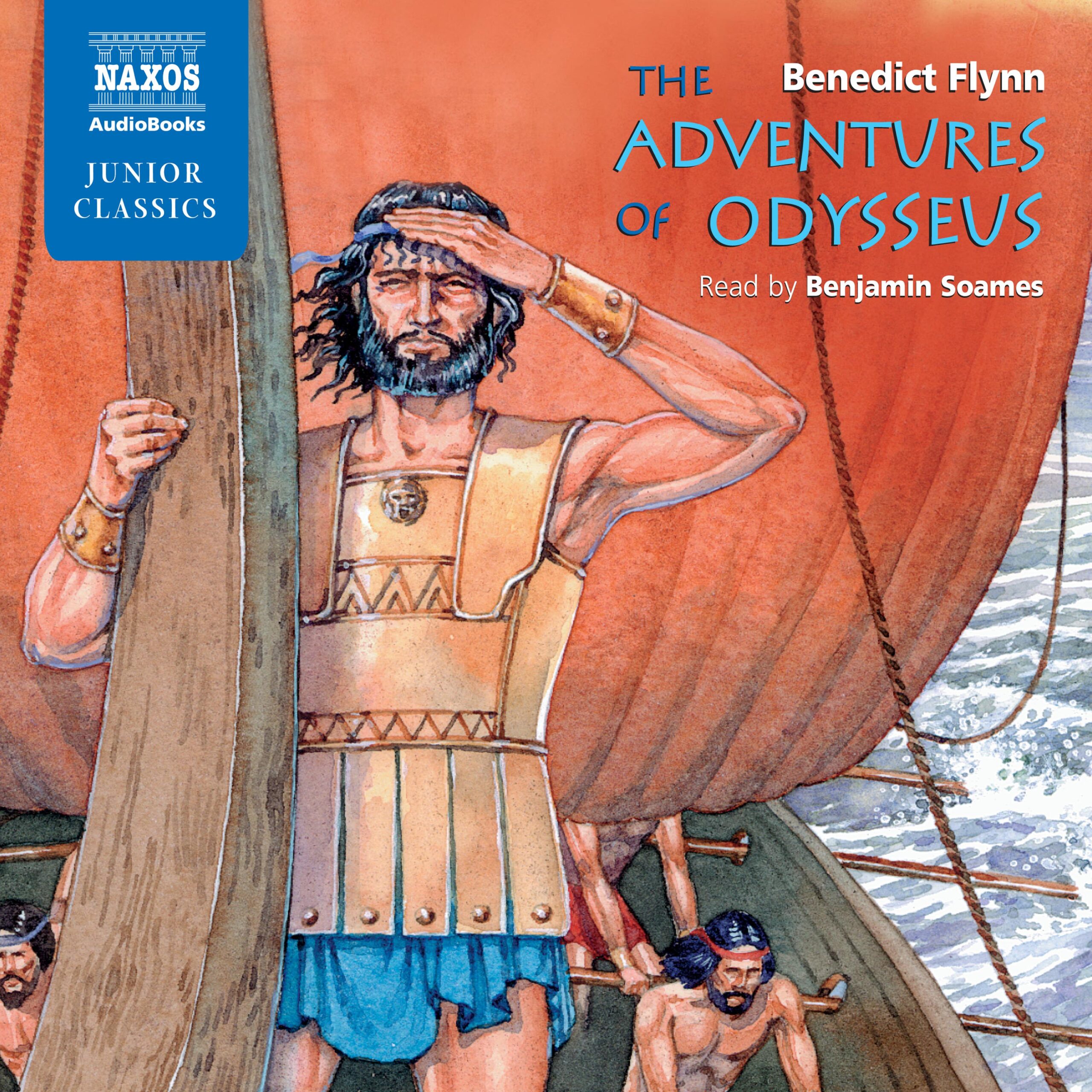 An illustrated cover of "The Adventures of Odysseus" shows a bearded man in armour standing on a ship's deck, looking ahead while holding onto the mast. The sea is visible in the background under an orange sail.