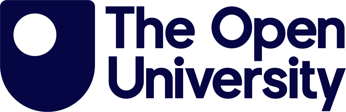 The logo of The Open University featuring a dark blue emblem and text on a light grey background.