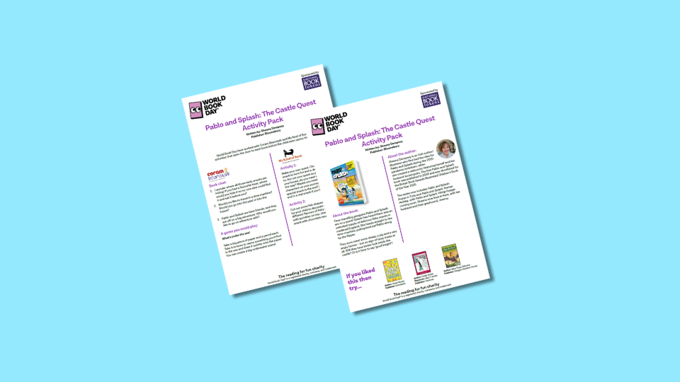 An activity pack titled "Pablo and Splash: The Castle Quest" from World Book Day, featuring text, illustrations, and book recommendations.
