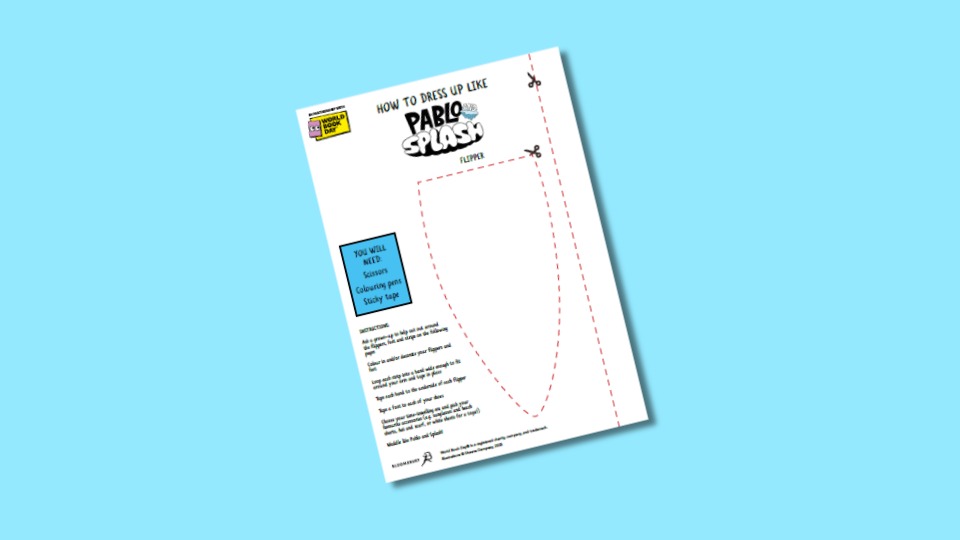 A costume guide template titled "How to Dress Up Like Pablo and Splash." It features an outlined shape labeled "flipper" with dotted line instructions for cutting. Additional instructions and materials needed are listed on the left side.