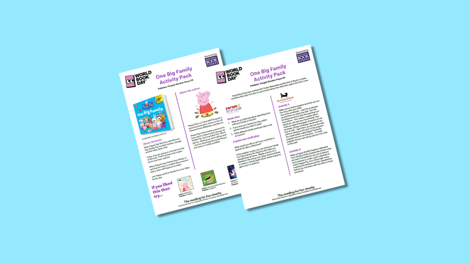 Two colourful activity sheets titled "One Big Family Activity Pack" featuring cartoon characters and reading suggestions for children. Designed for World Book Day, the sheets offer engaging activities and information.