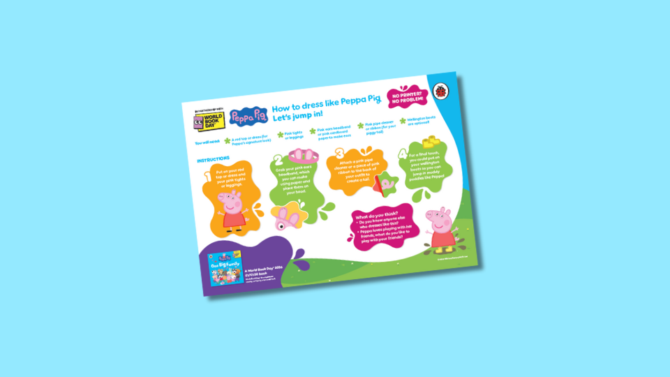 Instructions on dressing like Peppa Pig with colourful illustrations, featuring Peppa and clothing items. The guide includes four steps, each in a speech bubble format with playful designs and Peppa Pig characters.