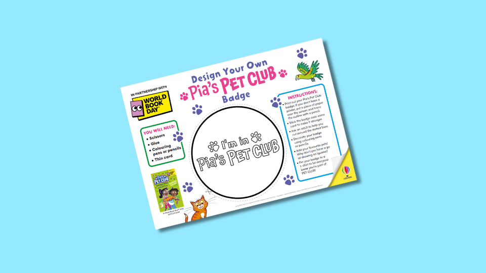 Design your own Pia's Pet Club badge activity sheet with blank circle for customization, surrounded by instructions and illustrations of a cat and a parrot.