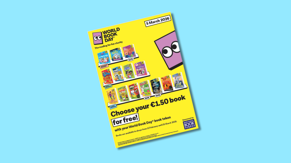 Poster for World Book Day 2026, featuring a selection of colourful children's books and a cartoon character.