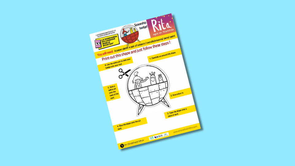 Activity sheet for making a spaceship badge, featuring a cut-out template and instructions. The sheet includes a cartoon spaceship with animal passengers, scissors icon, and step-by-step guidance.