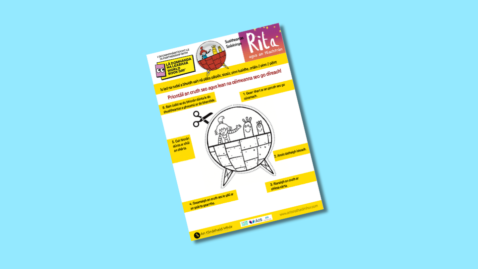 Sheet of activity ideas with an illustration of a circle divided into sections, featuring cartoon characters inside. The page includes text in a foreign language, logos, and creative elements in a bright layout.