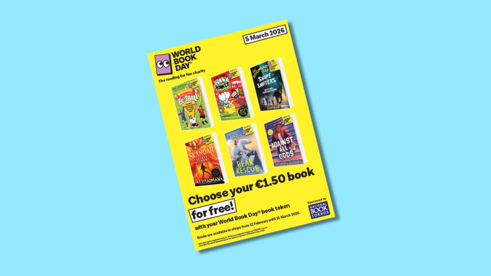 World Book Day poster for March 2026 featuring six diverse children's books for older readers. Offers a free book with a token, promoting accessibility and reading encouragement.