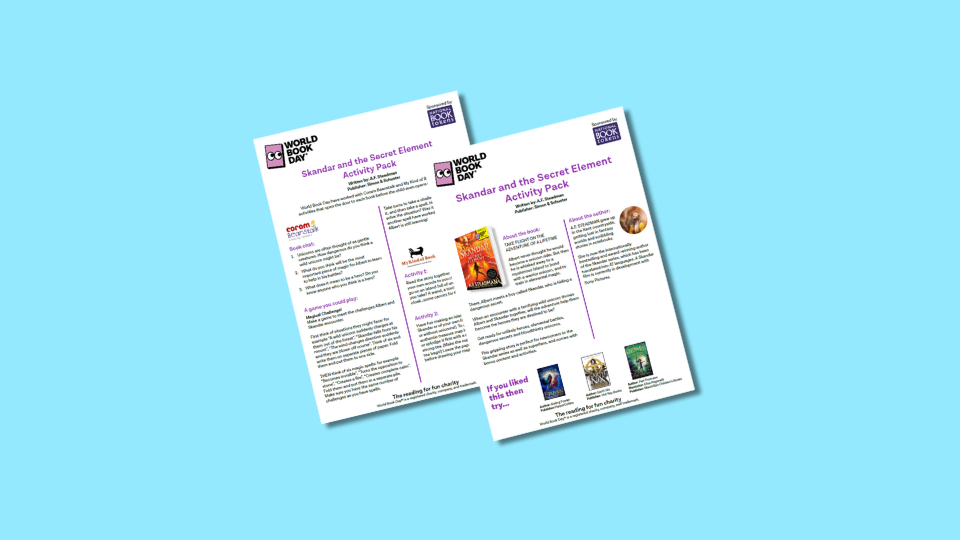 Two pages of a World Book Day activity pack titled "Skandar and the Secret Element", featuring text and book cover images.