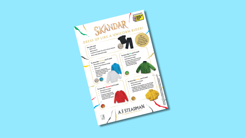 Sheet with "Skandar: Dress Up Like a Unicorn Rider!" instructions featuring clothing items like a black hoodie, and shirts in blue, green, red, and yellow, with descriptions and tips.