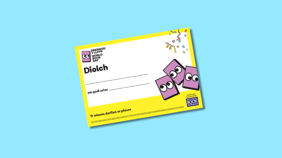 Yellow World Book Day certificate with purple cartoon books and text in Welsh.