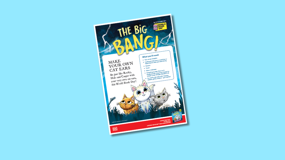 A colourful activity sheet titled "The Big Bang!" features three illustrated cats and instructions for making cat ears for World Book Day.