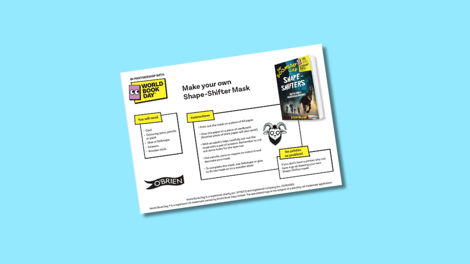 Instructions for making a Shape-Shifter mask for World Book Day. It includes a list of materials, step-by-step guide, and references "The Doomsday Club: Shape Shifters."
