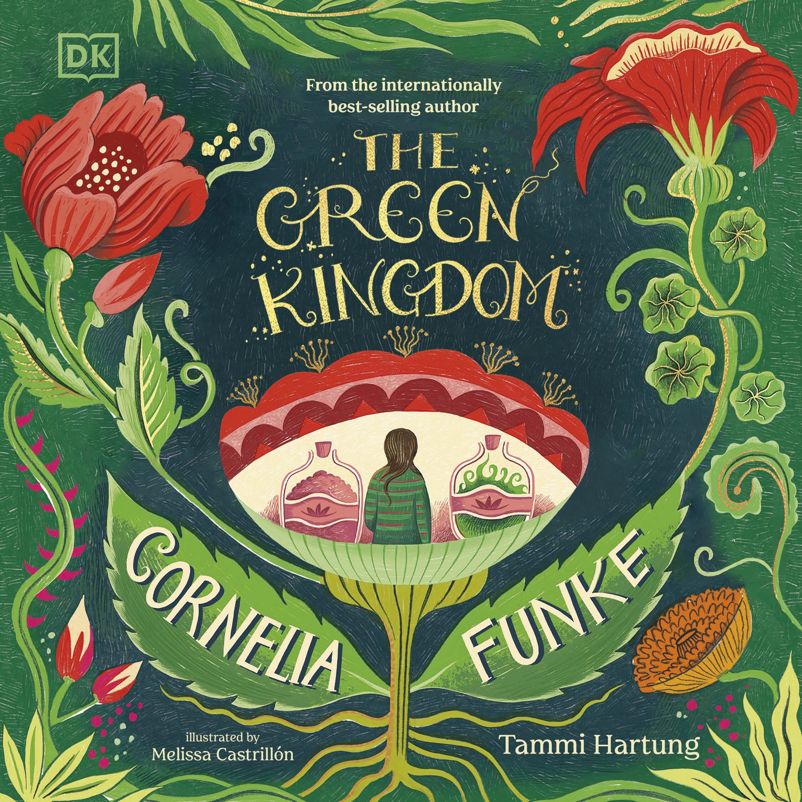 Illustrated book cover for "The Green Kingdom" by Cornelia Funke, featuring a large, vibrant flower and a person in a green coat. The background is rich in green foliage and red flowers.