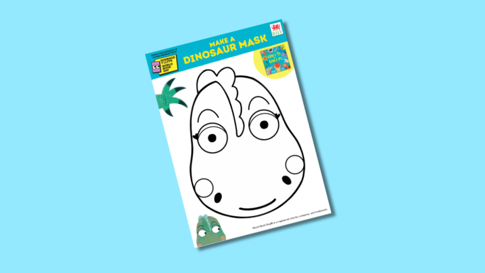 A children's craft sheet features an outline for making a dinosaur mask, including eye, nostril, and smile details. Decorations of a green plant and a small dinosaur illustration are on the side.