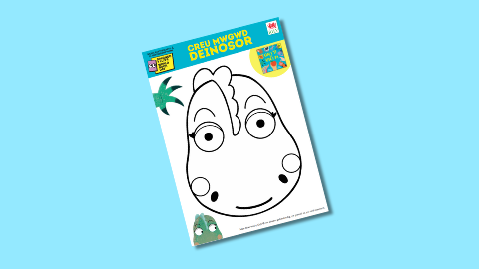 Dinosaur mask template on a blue background with cartoonish eye holes and nostrils.