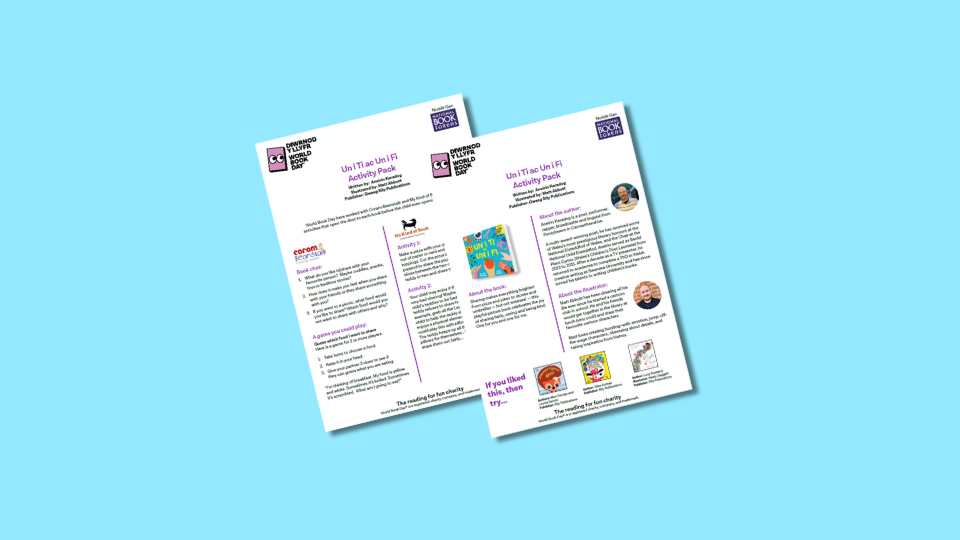 Two illustrated activity sheets, each detailing educational content with text blocks, images of books, and small circular photos of contributors.