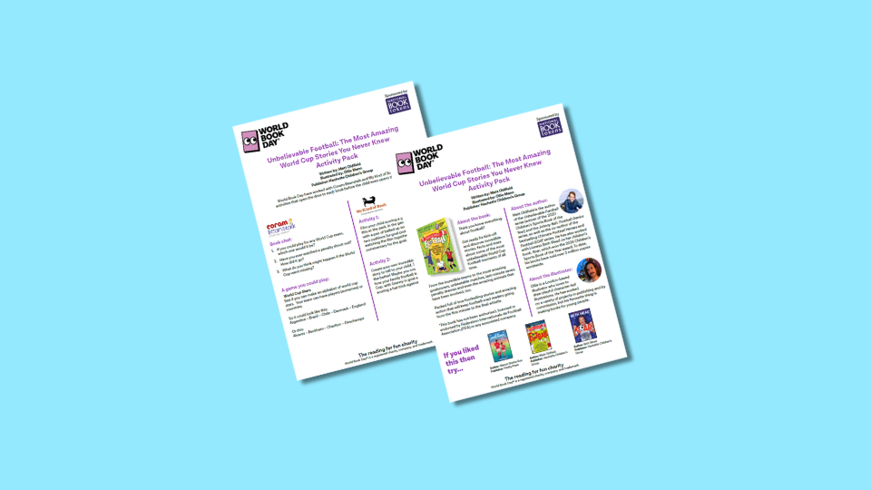 Two World Book Day activity sheets about football featuring book covers, text descriptions, and author photos.