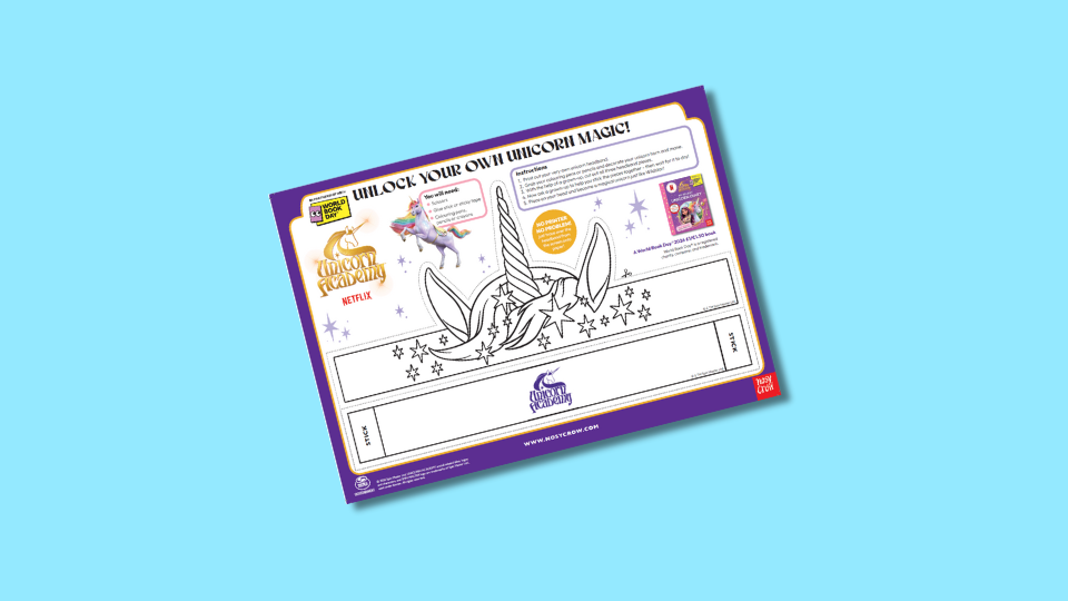 Colouring sheet for "Unicorn Academy" by Netflix, featuring a unicorn horn headband design surrounded by stars. Includes instructions and promotional text.