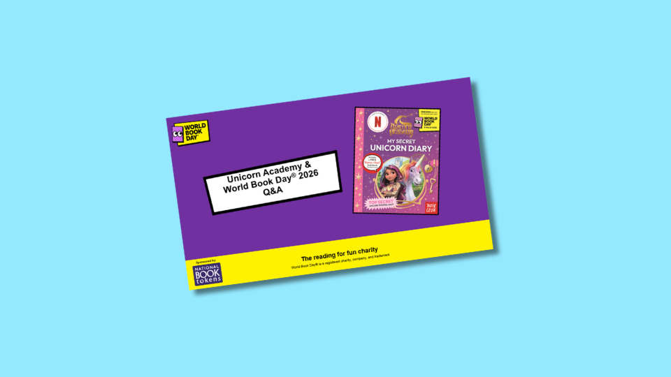 First slide of the Unicorn Academy and World Book Day 2026 Q&A PowerPoint, featuring a purple and yellow design with a book cover titled "My Secret Unicorn Diary".