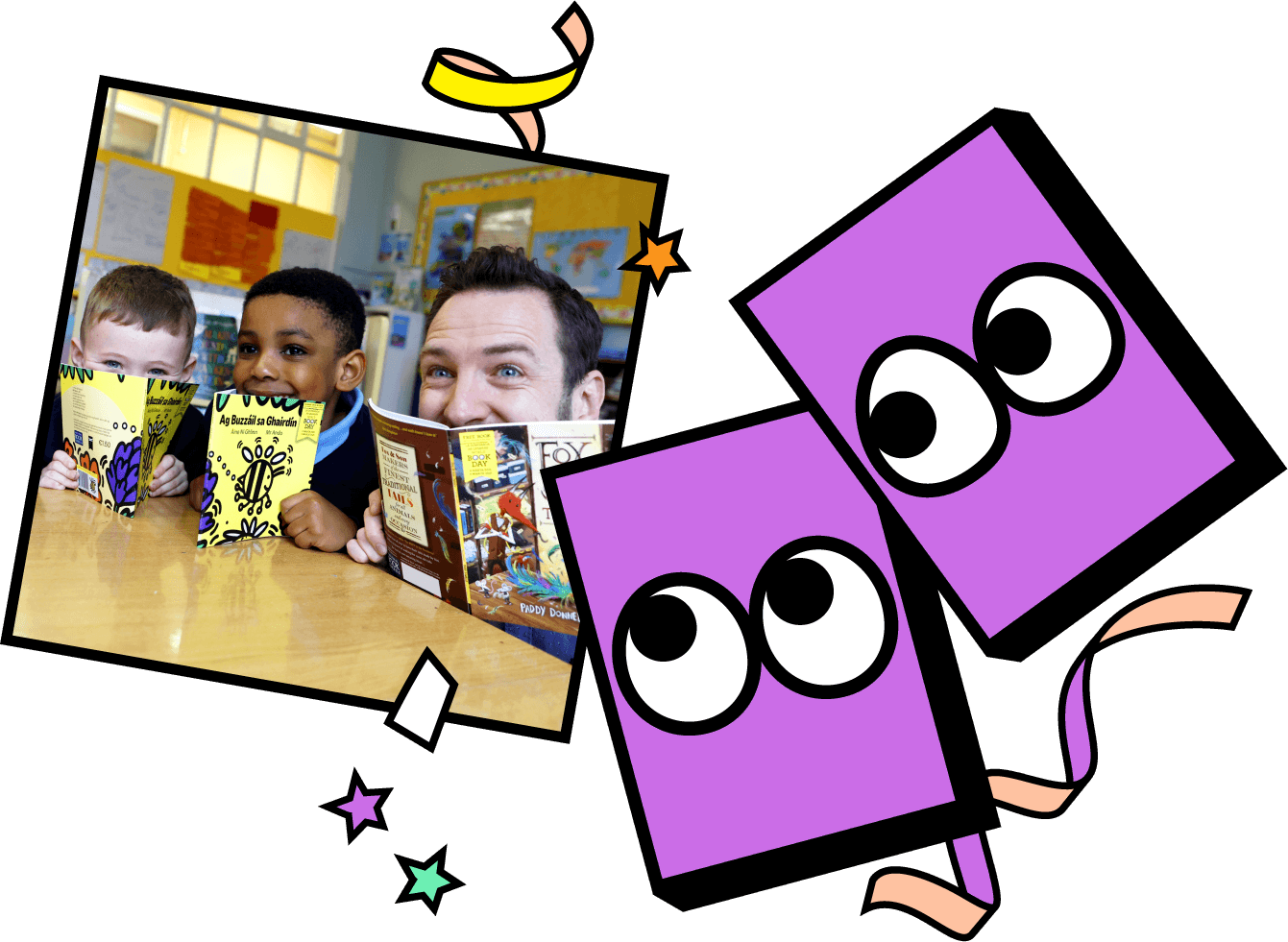 Three people at a table enjoy reading books, with a colorful, playful border featuring cartoon eyes and stars surrounding the photo.