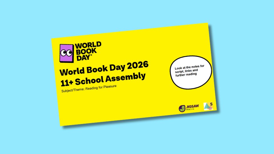 Yellow World Book Day 2026 poster for a school assembly, themed "Reading for Pleasure," with instructions to check notes for further details.