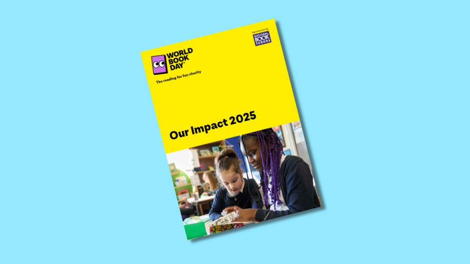 Cover of the World Book Day report titled "Our Impact 2025" featuring two people engaging with books against a bright yellow background.