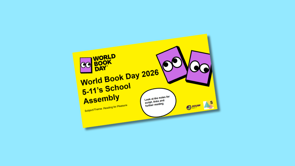 Yellow slide for World Book Day 2026 with playful book characters for a school assembly. Focus theme: Reading for Pleasure.