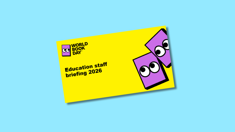 Bright yellow World Book Day 2026 PowerPoint slide for education staff, featuring purple book characters with eyes, set against a blue background.