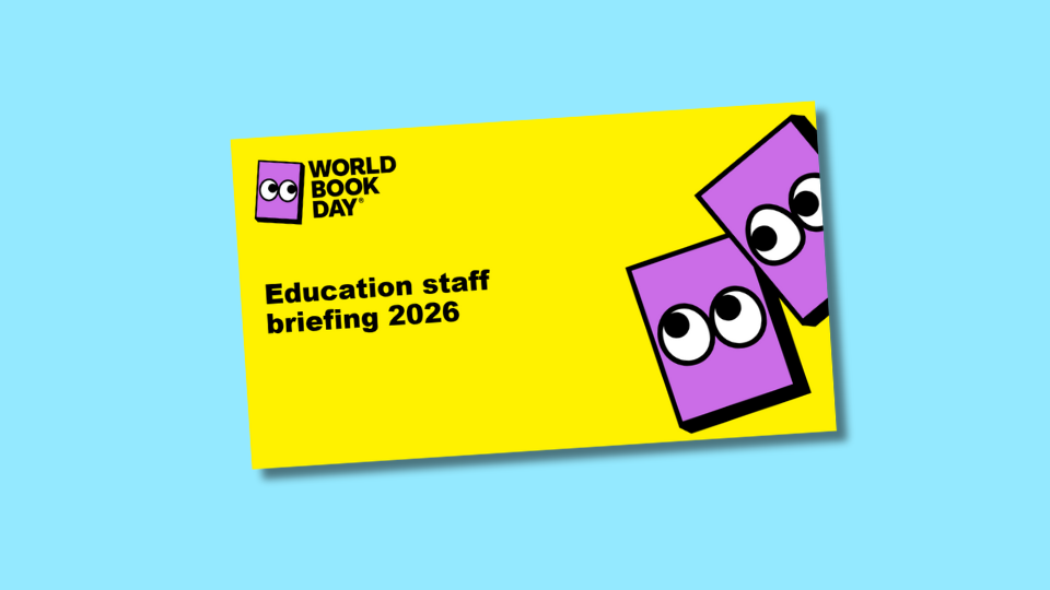 Yellow flyer with "World Book Day" logo, purple books with eyes, and text, "Education staff briefing 2026" on a blue background.
