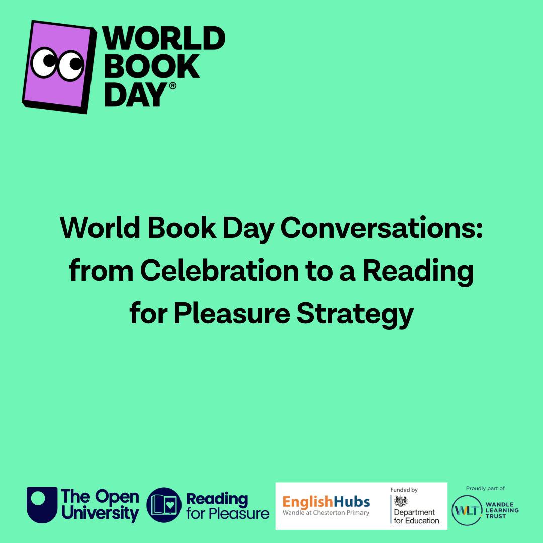 World Book Day promotional image with a purple book character and text: "World Book Day Conversations: from Celebration to a Reading for Pleasure Strategy." Logos include The Open University, Reading for Pleasure, English Hubs, Department for Education, and Wandle Learning Trust.