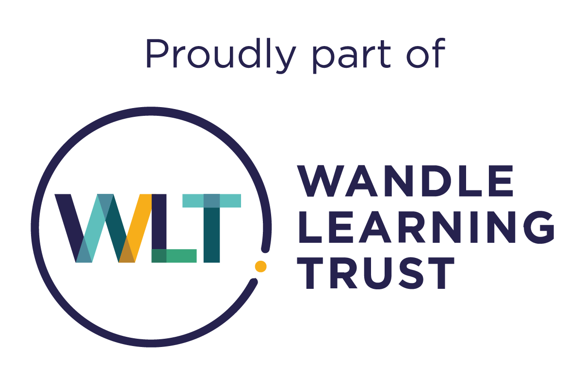 Logo of Wandle Learning Trust with the text "Proudly part of" above and "WLT" in multicoloured letters inside a circular design.