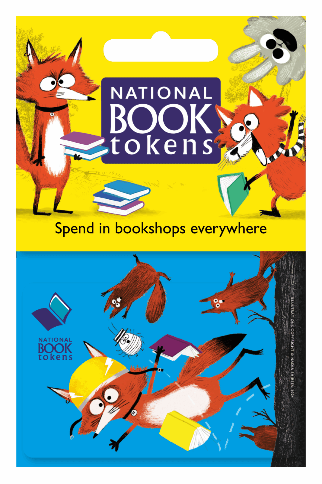 A vibrant illustration of cartoon foxes holding books with "National Book Tokens" logos, set against a bold yellow and blue background, displaying the text "Spend in bookshops everywhere."