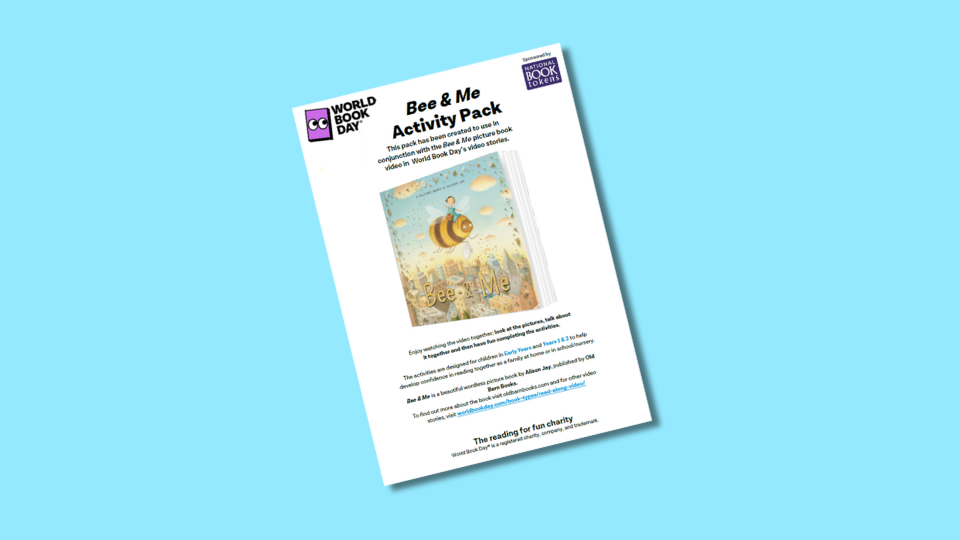 "Bee & Me Activity Pack cover displayed against a blue background, featuring an illustration of a large bee in a field, and World Book Day branding at the top."
