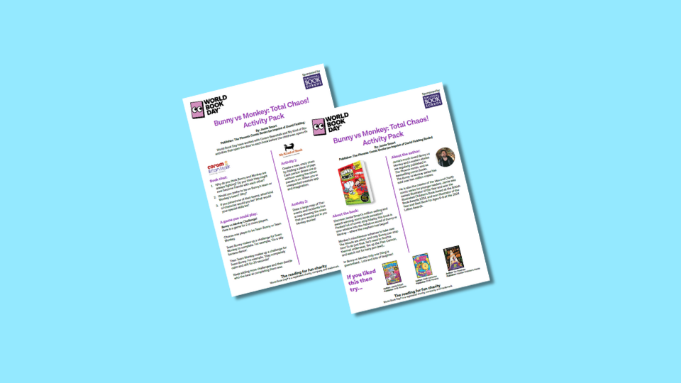 Two pages of the "Bunny vs Monkey: Total Chaos! Activity Pack" are displayed on a light blue background, featuring text, images, and the World Book Day logo.