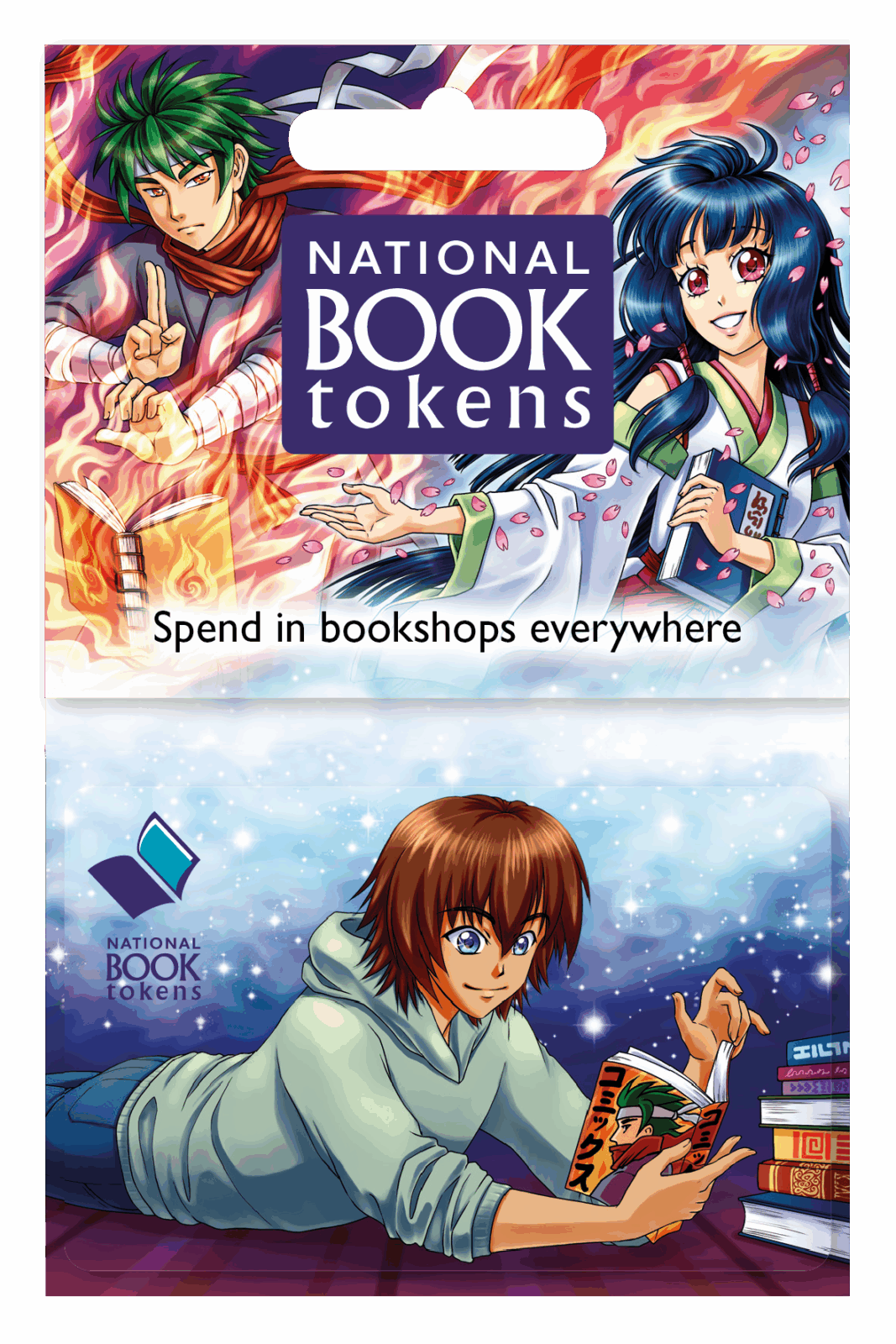 Anime-themed National Book Tokens gift card featuring characters reading, with the text "Spend in bookshops everywhere".