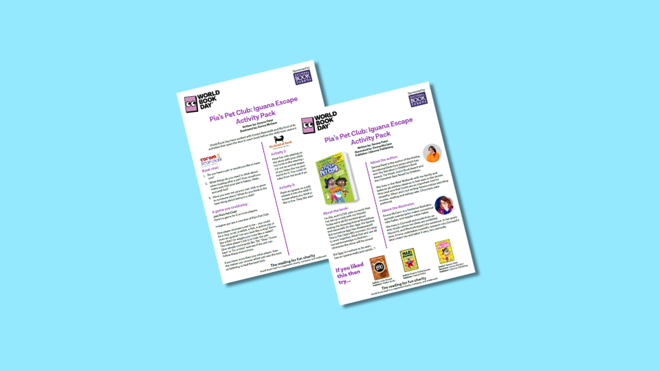 Two pages of an activity pack titled "Pia's Pet Club: Iguana Escape" from World Book Day. The pages include text, illustrations, and images of book covers on a light blue background.