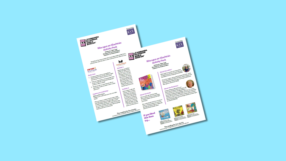 Two activity sheets on a blue background titled Rita agus an tEachtrán activity pack featuring colourful illustrations and text about activities.