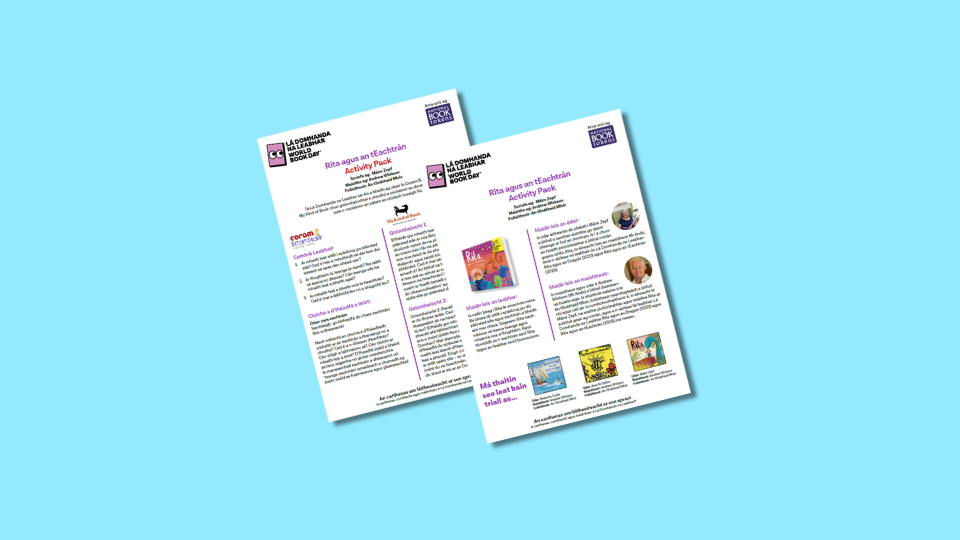 Two pages of an educational activity pack for Rita agus an tEachtrán containing text and images, set against a light blue background.