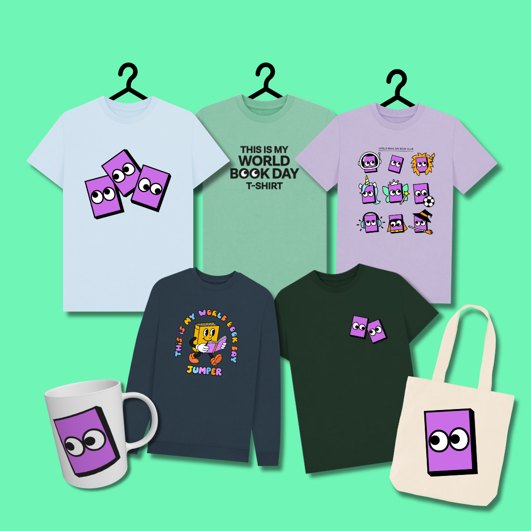 Various World Book Day themed merchandise, including T-shirts, a jumper, a mug, and a tote bag, featuring colourful designs with cartoon book characters on a green background.