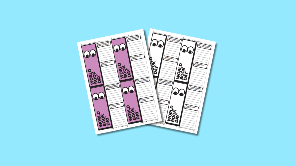 Two sheets of printable World Book Day bookmarks featuring cartoon eyes, with sections for writing notes. One sheet has purple accents and the other is black and white.