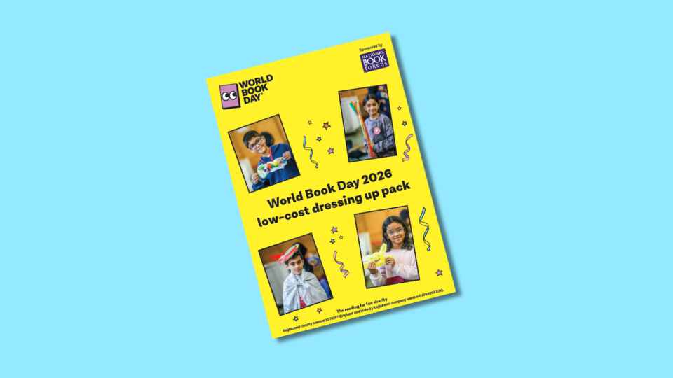 Front cover of World Book Day 2026 low-cost dressing-up pack, featuring four children in costumes. Decorated with stars and squiggly lines.
