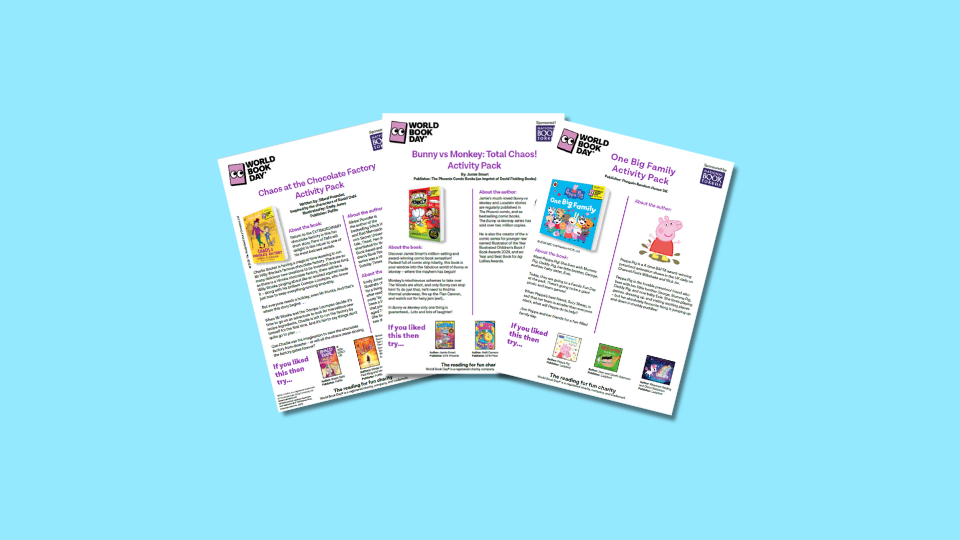Three example World Book Day activity sheets on a blue background, featuring "Charlie and the Chocolate Factory", "Bunny vs Monkey: Total Chaos!", and "Peppa Pig".