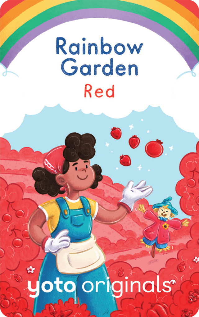 An illustration of a smiling woman in overalls and a red bandana, surrounded by a vibrant red garden with floating fruits. A cheerful scarecrow is beside her. A rainbow arches above with the text "Rainbow Garden Red" and "Yoto Originals."