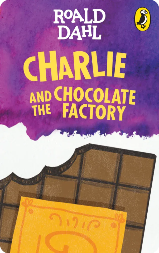 Cover of "Charlie and the Chocolate Factory" by Roald Dahl, featuring a bitten chocolate bar and vibrant purple background.